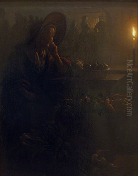 Market woman by candle-light - view 1