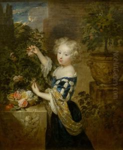 Girl arranging flowers by Caspar Netscher