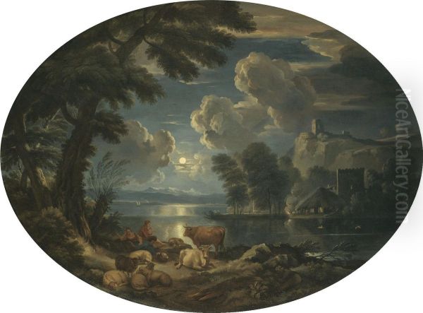 A Moonlit Scene With A Shepherd And Shepherdess Resting With Their Herd Beside A Lake by Pieter the Younger Mulier