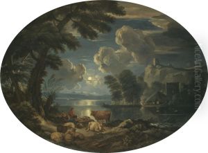 A Moonlit Scene With A Shepherd And Shepherdess Resting With Their Herd Beside A Lake by Pieter the Younger Mulier