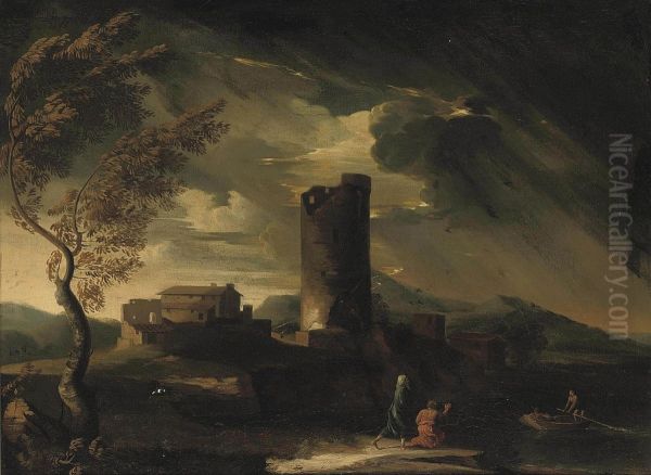 A Storm Gathering With Figures On The Bank Of A River Beside Classical Ruins - view 1