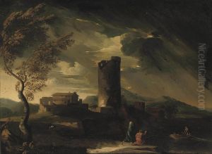 A Storm Gathering With Figures On The Bank Of A River Beside Classical Ruins by Pieter the Younger Mulier