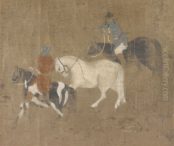 Riders Leading a White Horse - view 1