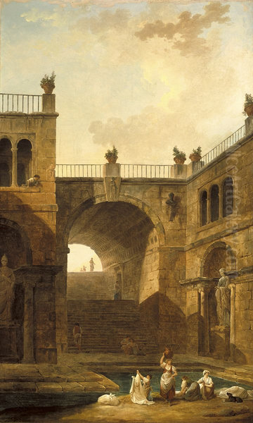 Architectural Scene with Women Washing Clothes at a Pool - view 1