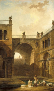 Architectural Scene with Women Washing Clothes at a Pool Architectural Scene with Women Washing Clothes at a Pool