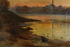 Paesaggio Lacustre Con Tramonto by Giuseppe Cavalla