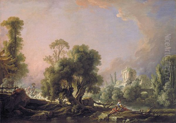 Idyllic Landscape with Woman Fishing - view 1