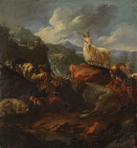 Shepherd and animals in a landscape - view 1