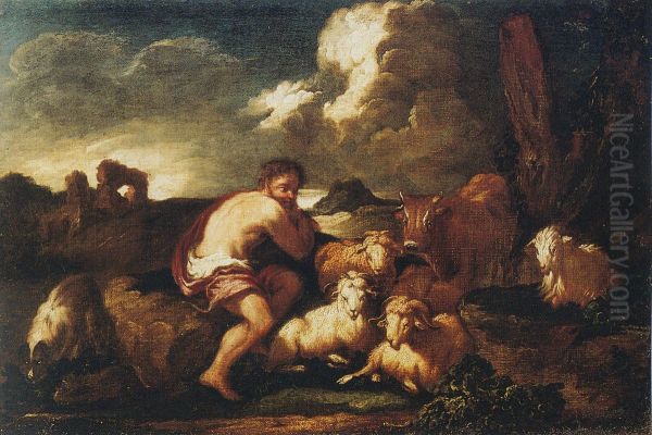 Landscape with shepherd and animals - view 1