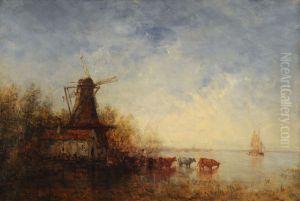 Windmill on riverbank by Felix Ziem