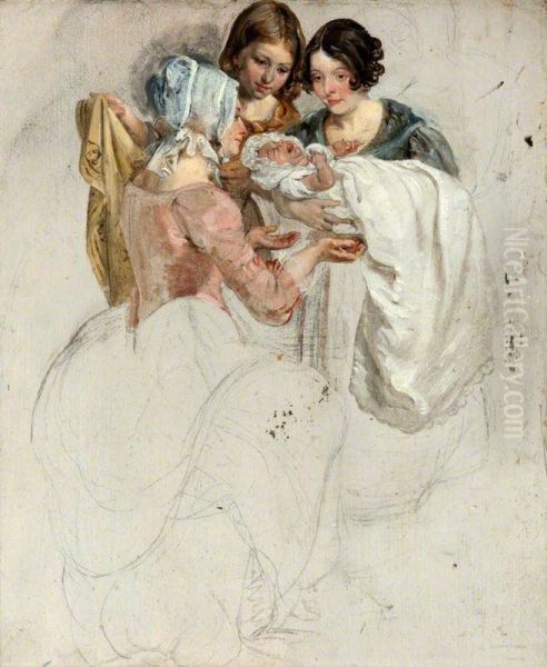 A Girl and Two Women, Standing and Holding a Baby (study for 'The Covenanters' Baptism') - view 1