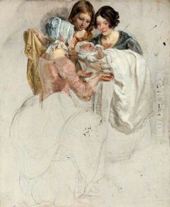 A Girl and Two Women, Standing and Holding a Baby (study for 'The Covenanters' Baptism') by George Harvey