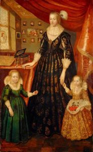 Anne Erskine, Countess of Rothes, d. 1640. Wife of the 6th Earl of Rothes. (With her daughters, Lady Margaret Leslie, 1621 - 1688 and Lady Mary Leslie, b. 1620)