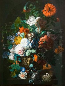 Flower Still Life with Bird's Nest by Jan Van Huysum