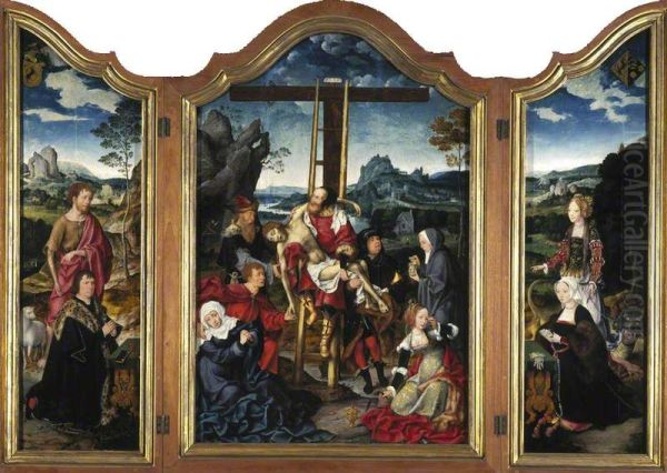 Saint John the Baptist wit a donor (left), the Descent from the cross (centre), Saint Mary Magdalen with a donatrix (right) - view 1
