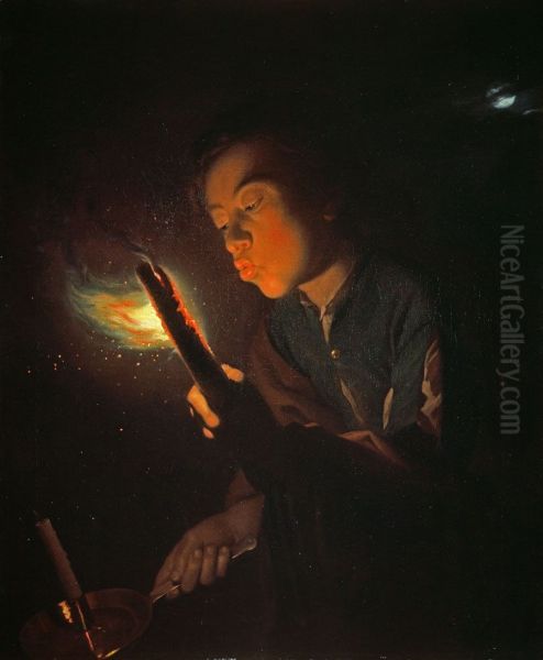 A Boy Blowing on a Firebrand to Light a Candle - view 1