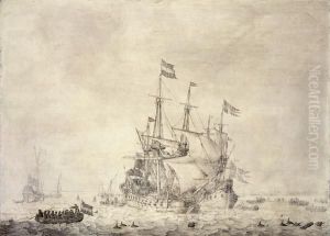 A Sea-piece with a Dutch Merchant Ship and a Swedish Flute by Willem van de, the Elder Velde
