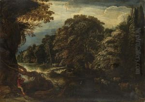 Wooded river landscape with herdsmen scene by Adam Elsheimer