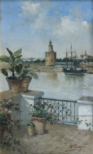 Vue De Seville : La Torre Del'oro Sur Le Guadalquivir by Antonio Cavaye