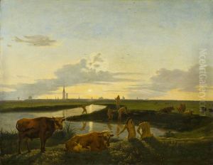 Canal Landscape with Figures Bathing by Hendrick ten Oever