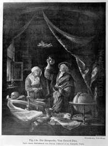 Doctor examining urine of a woman patient. by Gerrit Dou