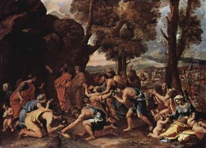 Moses schlagt Wasser aus dem Felsen by Nicolas Poussin