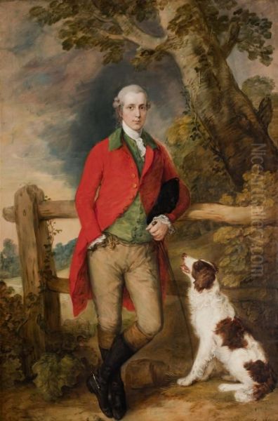 Portrait of Robert Thistlethwayte of Norman Court, standing full-length, wearing a red coat, green waistcoat and buff breaches, holding a can, leaning against a fence, a spaniel by his side - view 1