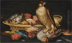 A Still Life With A Live Hawk Perched On A Dead Partridge, Akingfisher, Finches And Other Dead Game In A Woven Basket