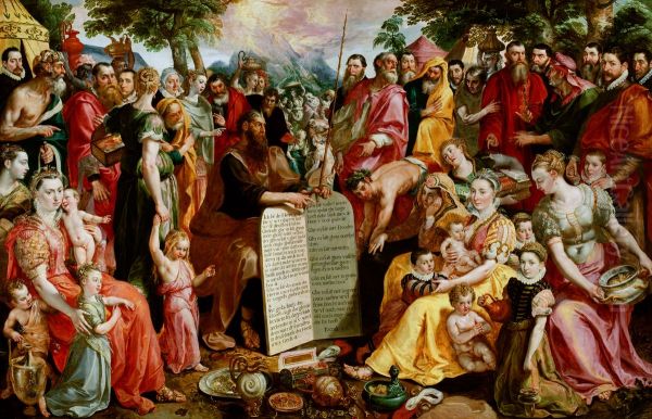 Mozes met de tafelen der wet te midden van Israelieten als 'portraits histories' verbeeld door de Antwerpse familie Panhuys met verwanten en vrienden - view 1