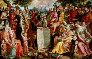 Mozes met de tafelen der wet te midden van Israelieten als 'portraits histories' verbeeld door de Antwerpse familie Panhuys met verwanten en vrienden