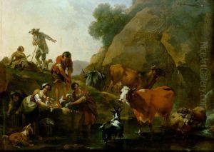 Viehherde mit waschenden Frauen Viehherde mit waschenden Frauen
