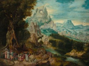 Landschaft mit der Predigt Johannes d. Taufers by Herri met de Bles