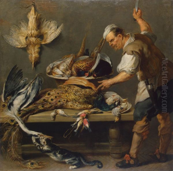 Cook at a Kitchen Table with Dead Game - view 1