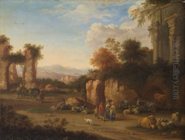 Italian landscape with ancient ruins and peasants - view 1
