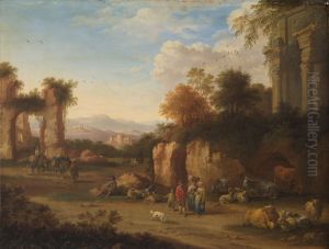 Italian landscape with ancient ruins and peasants by Pieter Bout