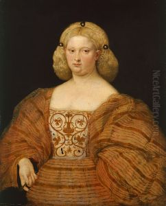 Bildnis einer Frau in gestreiftem Kleid mit Facher by Venetian School