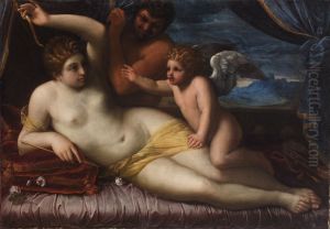 Venus und Amor mit einem Satyr by Agostino Carracci