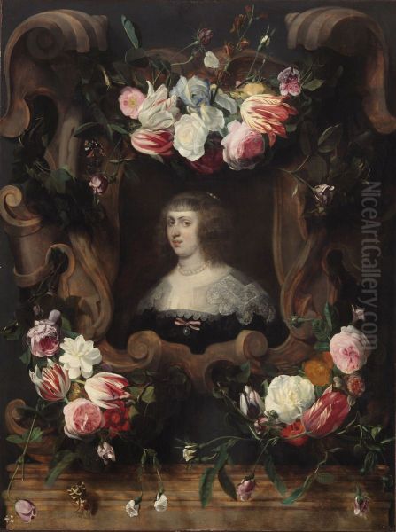 Cartouche decorated with flowergarlands surrounding a portrait of archduchess Maria Anna of Austria (1610-1665) - view 1