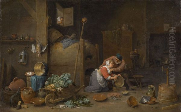 Interior with old man groping a kitchen maid - view 1