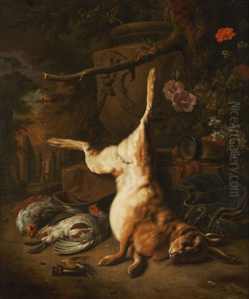 Still-life with dead hare in a park - view 1