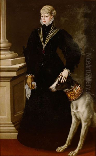 Dona Juana (1535-1573), Prinzessin von Portgual, ganzfiguriges Bildnis im Alter von 22 Jahren mit einer Dogge - view 1