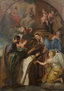 Hl. Therese empfangt eine goldene Kette und einen golddurchwirkten Mantel von der Madonna by Gaspar De Crayer