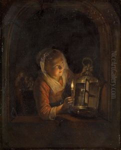 Jeune fille a sa fenetre une lanterne a la main by Gerrit Dou