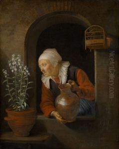 Alte Frau am Fenster, Blumen giessend by Gerrit Dou