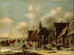 Winter landscape with people having fun on the ice by Thomas Heeremans