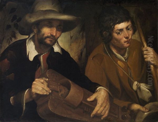 Blind hurdy-gurdy player - view 1