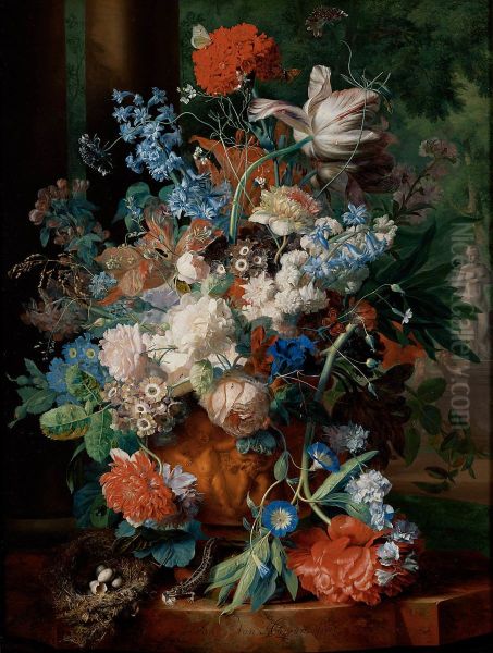 Flower still life in a terracotta vase, for two columns and a park landscape with a statue of Venus - view 1
