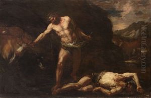 Hercules totet den Riesen Cacus und raubt die Rinder des Geryoneus by Giovan Battista Langetti