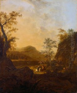 Landschaft mit kampfenden Reitern by Frederik de Moucheron