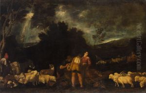 Jakob am Brunnen (Im Hintergrund: Jakobs Traum von der Himmelsleiter) by Pedro Orrente